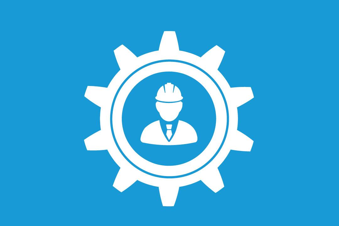 graphic with a person wearing a hardhat and suit inside a gear shape
